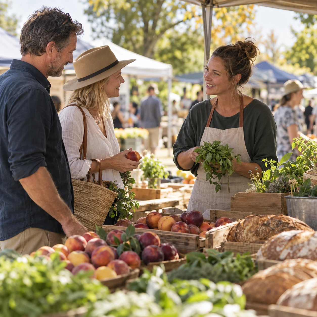 Two shoppers speaking with a stallholder at an outdoor produce market