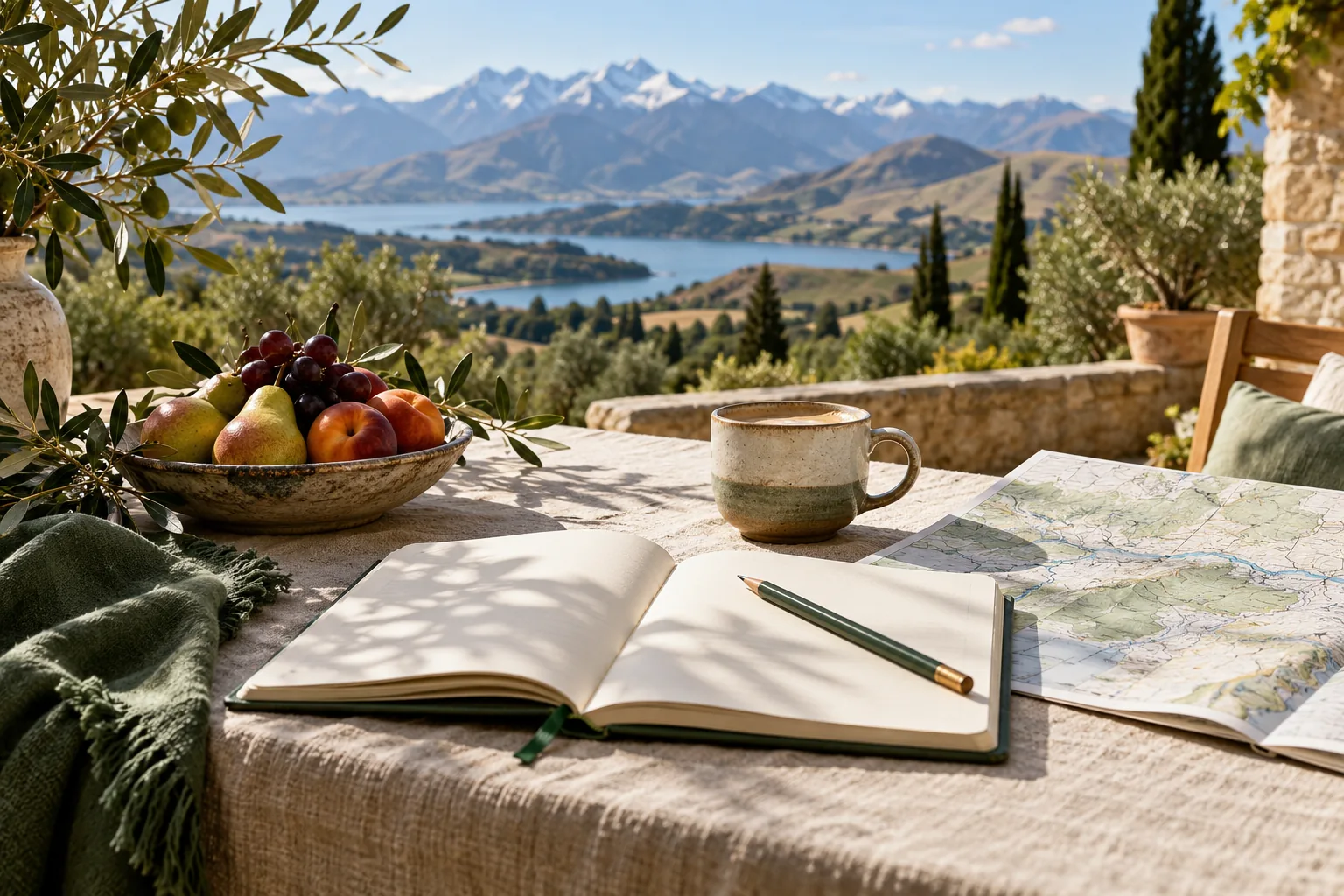 Travel notes and a map on a sunny terrace