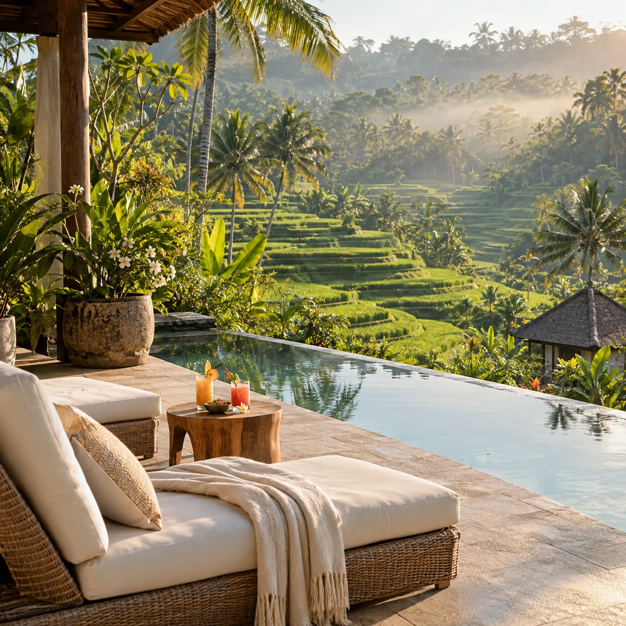 Bali-inspired terrace with a daybed and infinity pool overlooking rice fields