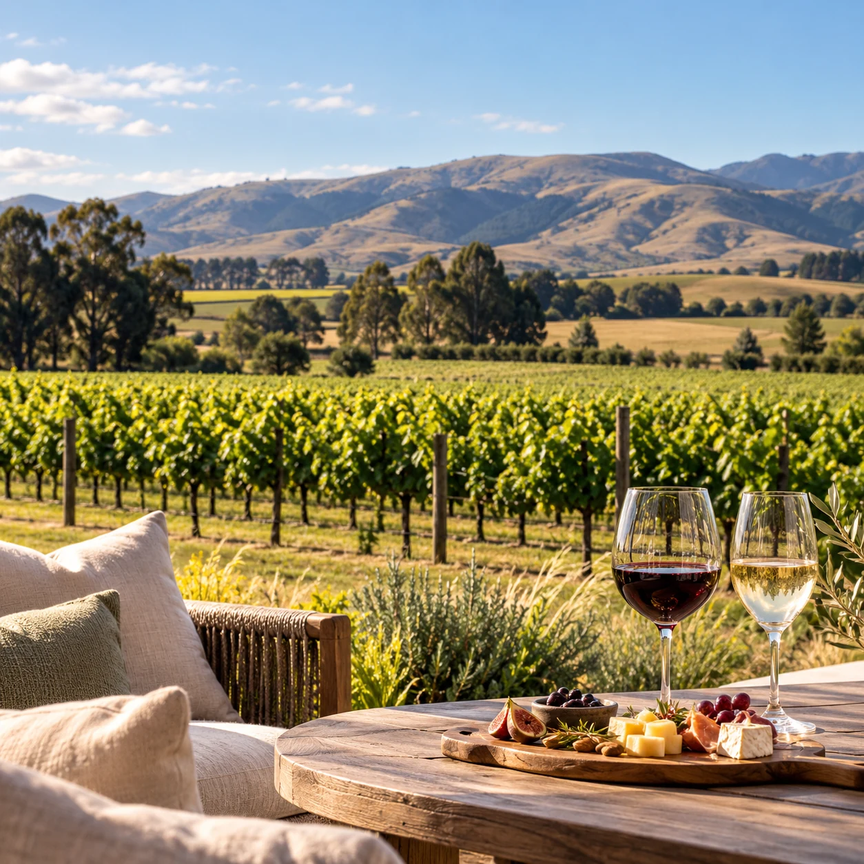 Wine glasses and a food board overlooking vineyard rows and rolling hills