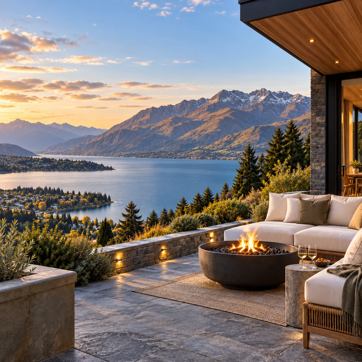 Terrace overlooking an alpine lake and mountain landscape
