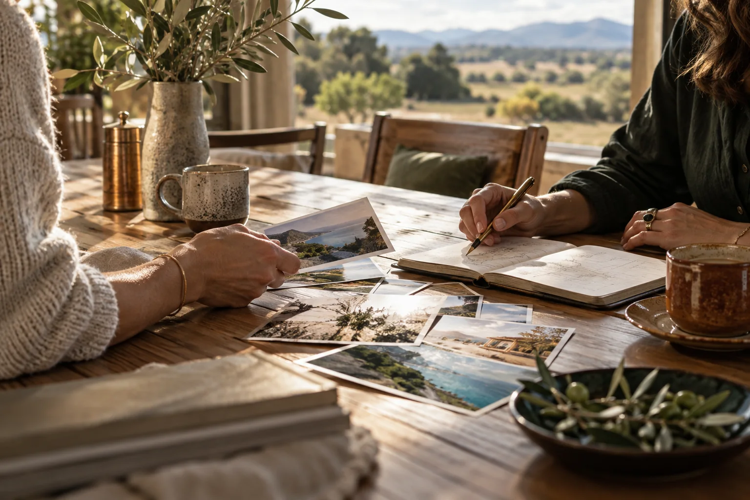 Two people beginning to plan an experience together over coffee and travel notes