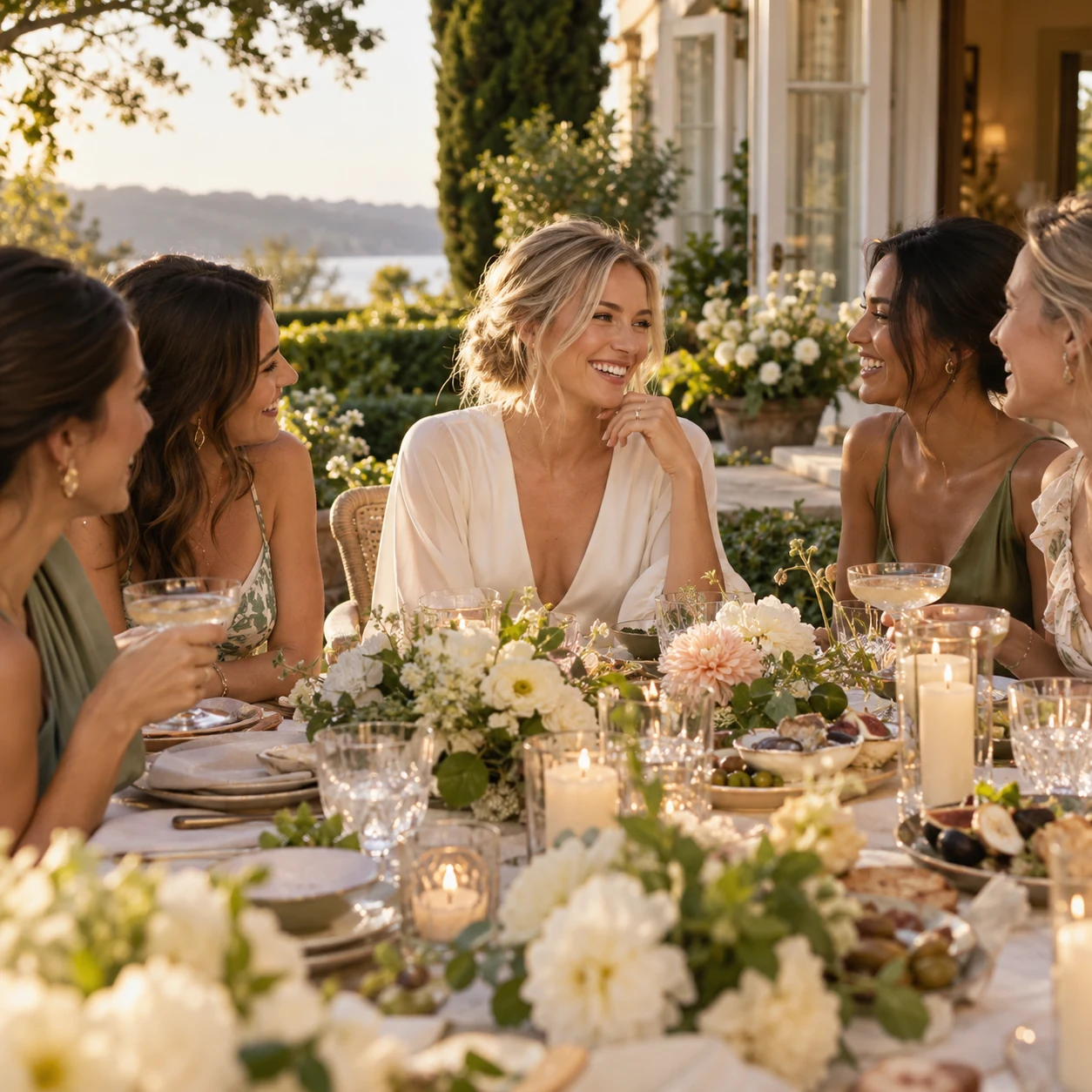 Bride and friends sharing a garden dinner celebration
