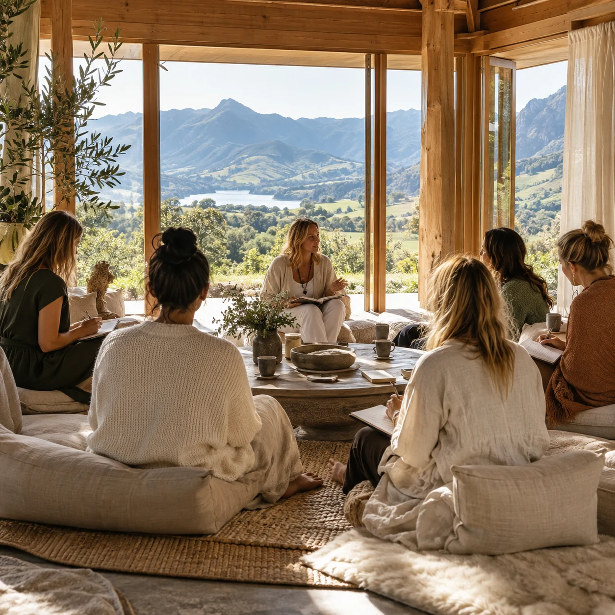 Facilitator leading a small conversation circle in a retreat pavilion