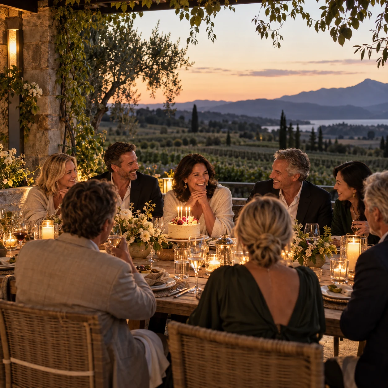 Friends gathering around a birthday cake at sunset