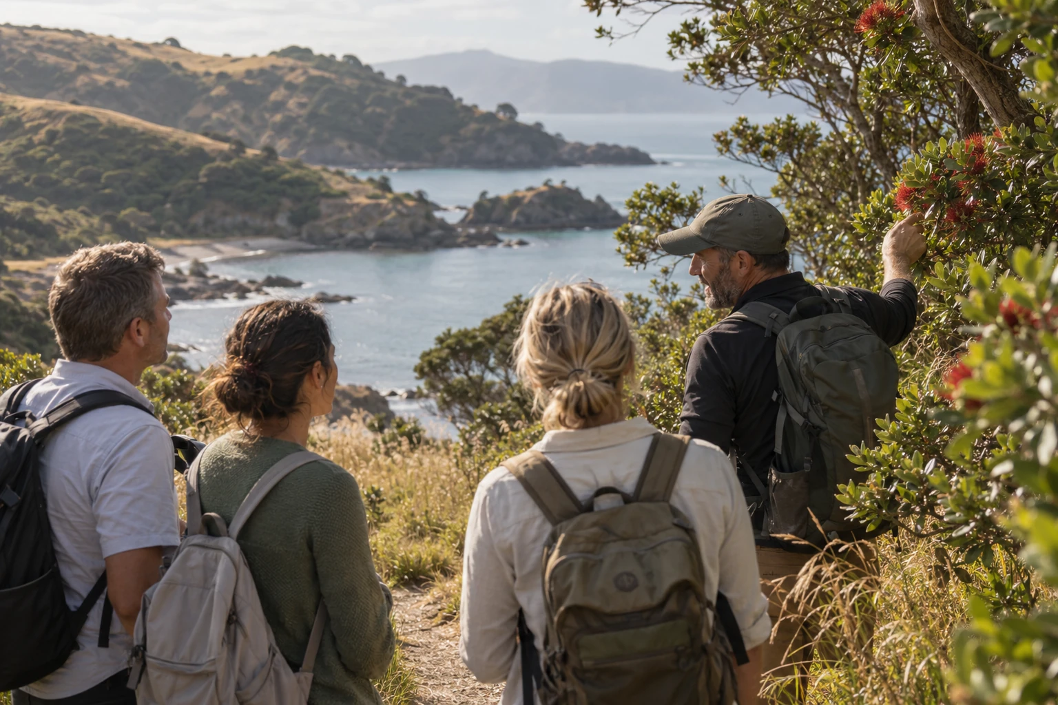 A guide and a small group looking across a rocky coastal bay